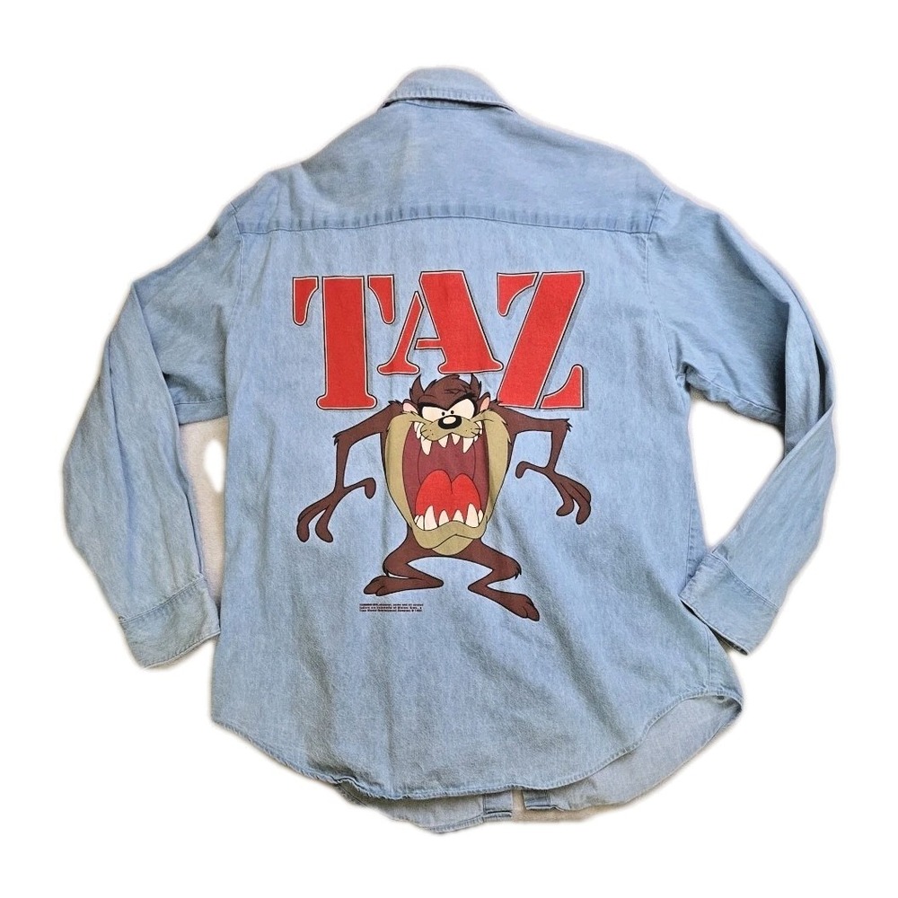 VTG 1992 Warner Bros Taz Denim Shirt Adult XL Blue Genius Tag USA‎ Made